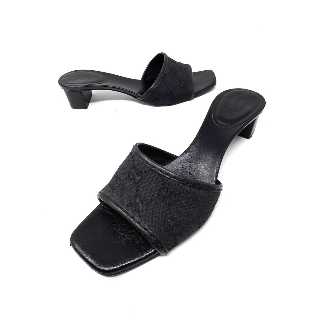 Gucci Vintage GG Monogram Canvas Leather Mule Heels Black Slide Sandals 36.5 6.5